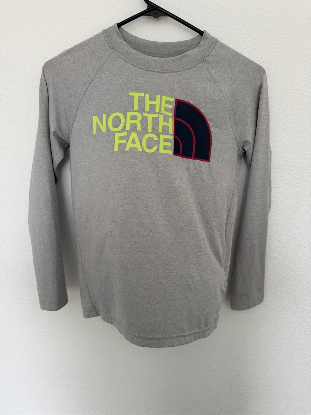 The North Face Youth Gray Long-Sleeve Tee with Neon Yellow & Navy Logo